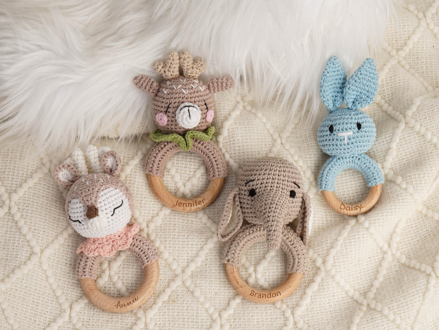 Custom Engraved Wooden baby Rattle With Name, Personalized Animal Crochet Rattle, Handmade Crochet baby Rattle, Baby Shower & Newborn Gift