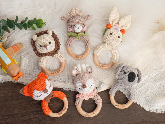 Custom Engraved Wooden baby Rattle With Name, Personalized Animal Crochet Rattle, Handmade Crochet baby Rattle, Baby Shower & Newborn Gift