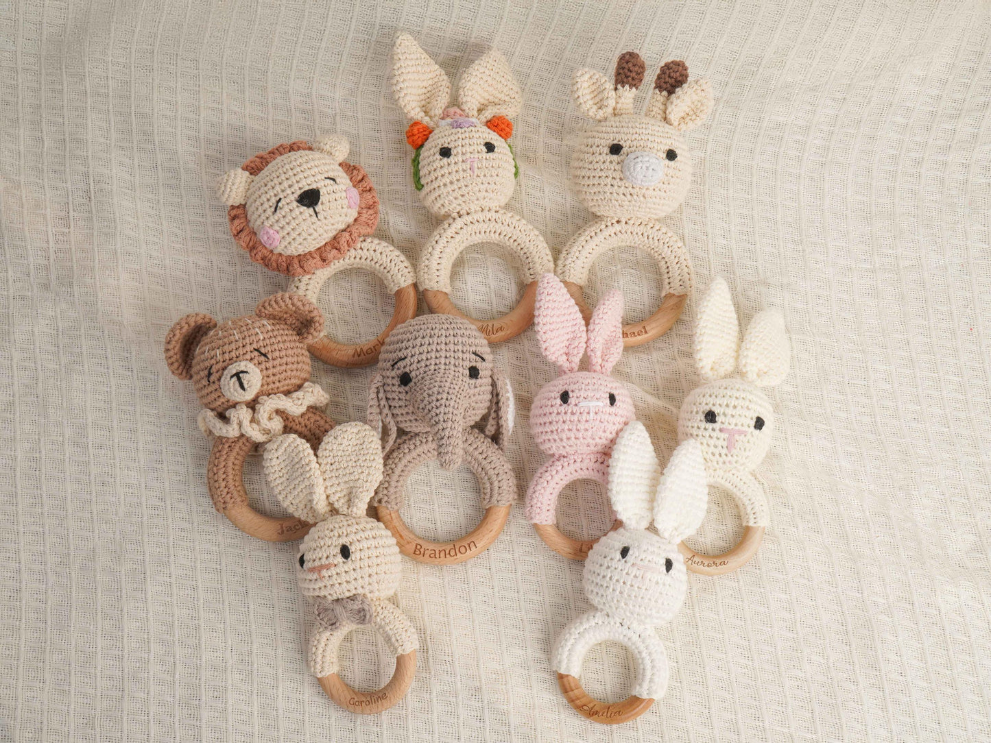 Custom Engraved Wooden baby Rattle With Name, Personalized Animal Crochet Rattle, Handmade Crochet baby Rattle, Baby Shower & Newborn Gift