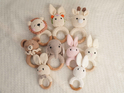 Custom Engraved Wooden baby Rattle With Name, Personalized Animal Crochet Rattle, Handmade Crochet baby Rattle, Baby Shower & Newborn Gift