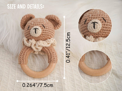 Custom Engraved Wooden baby Rattle With Name, Personalized Animal Crochet Rattle, Handmade Crochet baby Rattle, Baby Shower & Newborn Gift