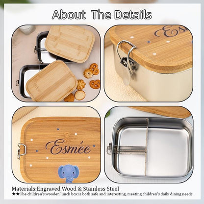 Personalized Animal Stainless Steel Lunch Box with Wooden Lid | Back to School & Birthday Gift for Niece/Her