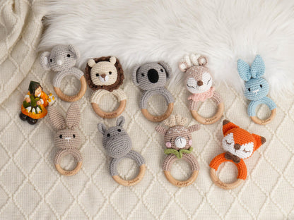 Personalized Animal Crochet Rattle, Custom Engraved Wooden baby Rattle With Name, Handmade Crochet baby Rattle, Baby Shower & Newborn Gift