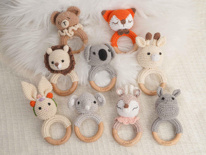 Custom Engraved Wooden baby Rattle With Name, Personalized Animal Crochet Rattle, Handmade Crochet baby Rattle, Baby Shower & Newborn Gift