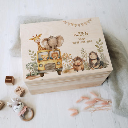 Baby Shower Gift Personalized - Memory Box Safari Animals with Name, Birth or Baptism Gift Newborn Boy Girl, FSC Birch Wood Keepsake Box
