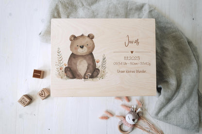 Baby Shower Gift Personalized - Memory Box with Bear, Name & Birth Date, Baptism or Christening Gift, FSC Birch Wood Keepsake Box