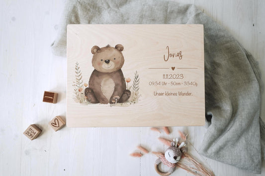 Baby Shower Gift Personalized - Memory Box with Bear, Name & Birth Date, Baptism or Christening Gift, FSC Birch Wood Keepsake Box