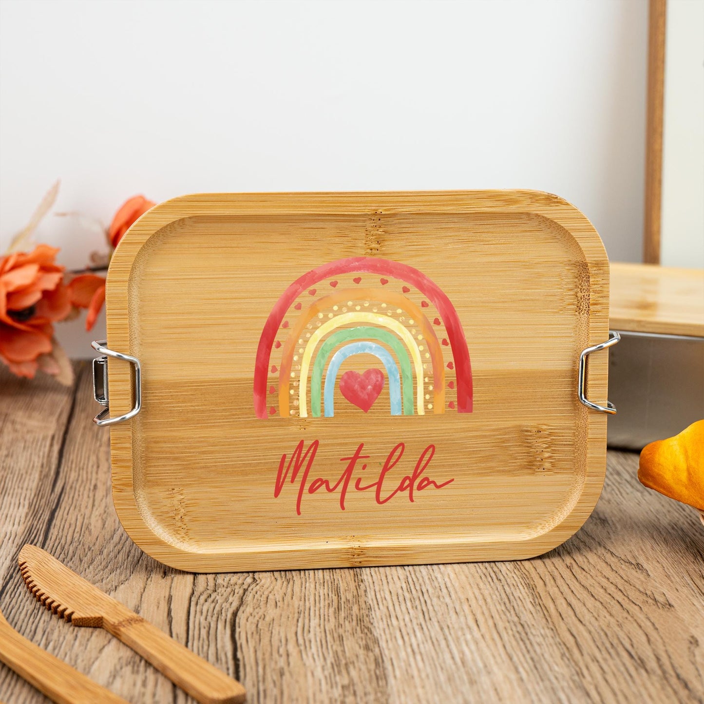 Personalized Wooden Lunch Box, Custom Rainbow Lunch Box for Kids, Stainless Steel Lunch Box, Back-to-School Gift, Kids' Birthday Gift