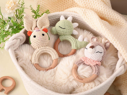 Personalized Animal Crochet Baby Rattle, Engraved Wooden baby Rattle With Name, Handmade Crochet baby Rattle, Newborn Gift