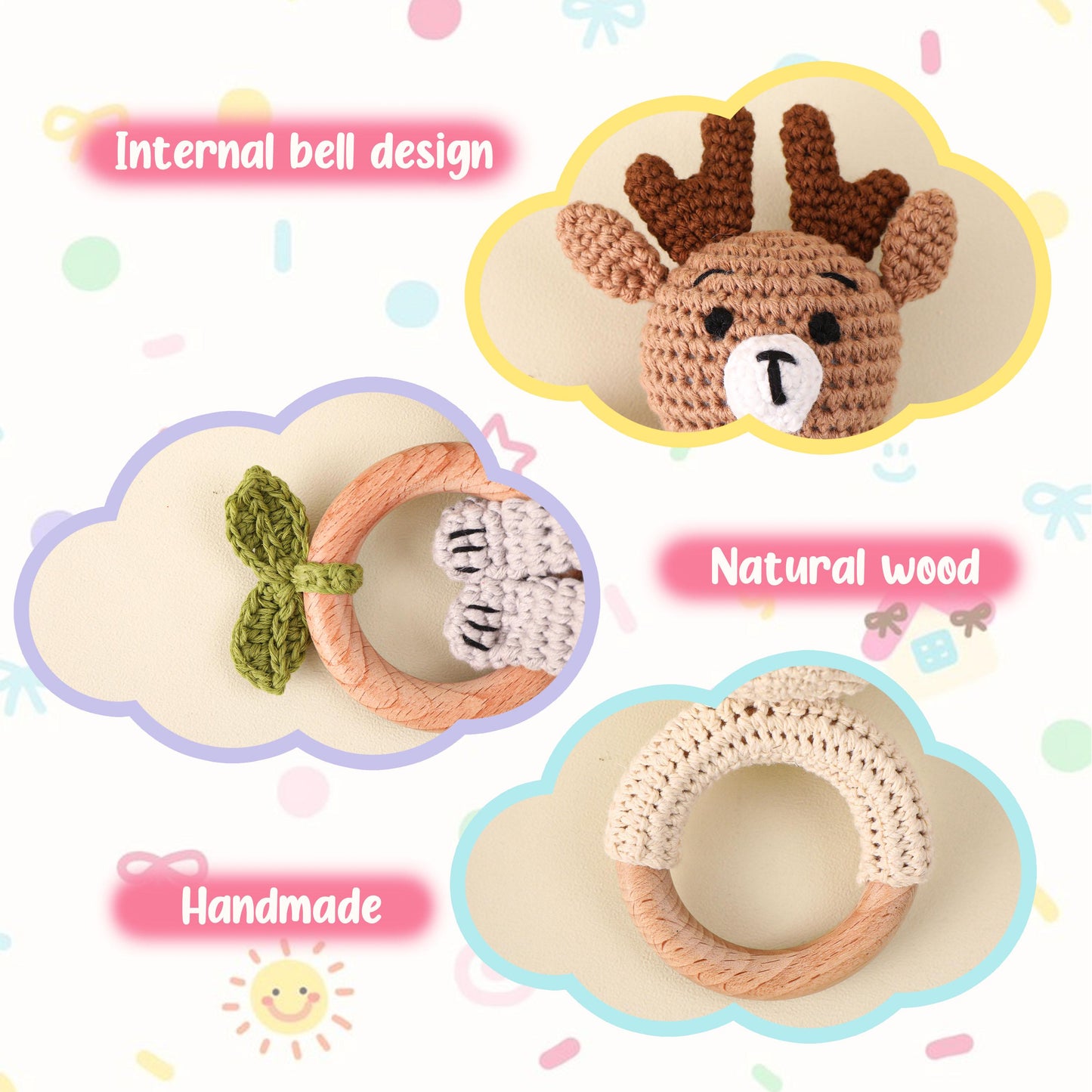 Custom Engraved Wooden Crochet Rattle,Personalized Animal baby Rattle With Name, Handmade Crochet baby Rattle, Baby Shower & Newborn Gift