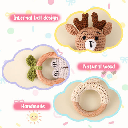 Personalized Animal Crochet Rattle, Handmade Crochet baby Rattle,Custom Engraved Wooden baby Rattle With Name, Baby Shower & Newborn Gift