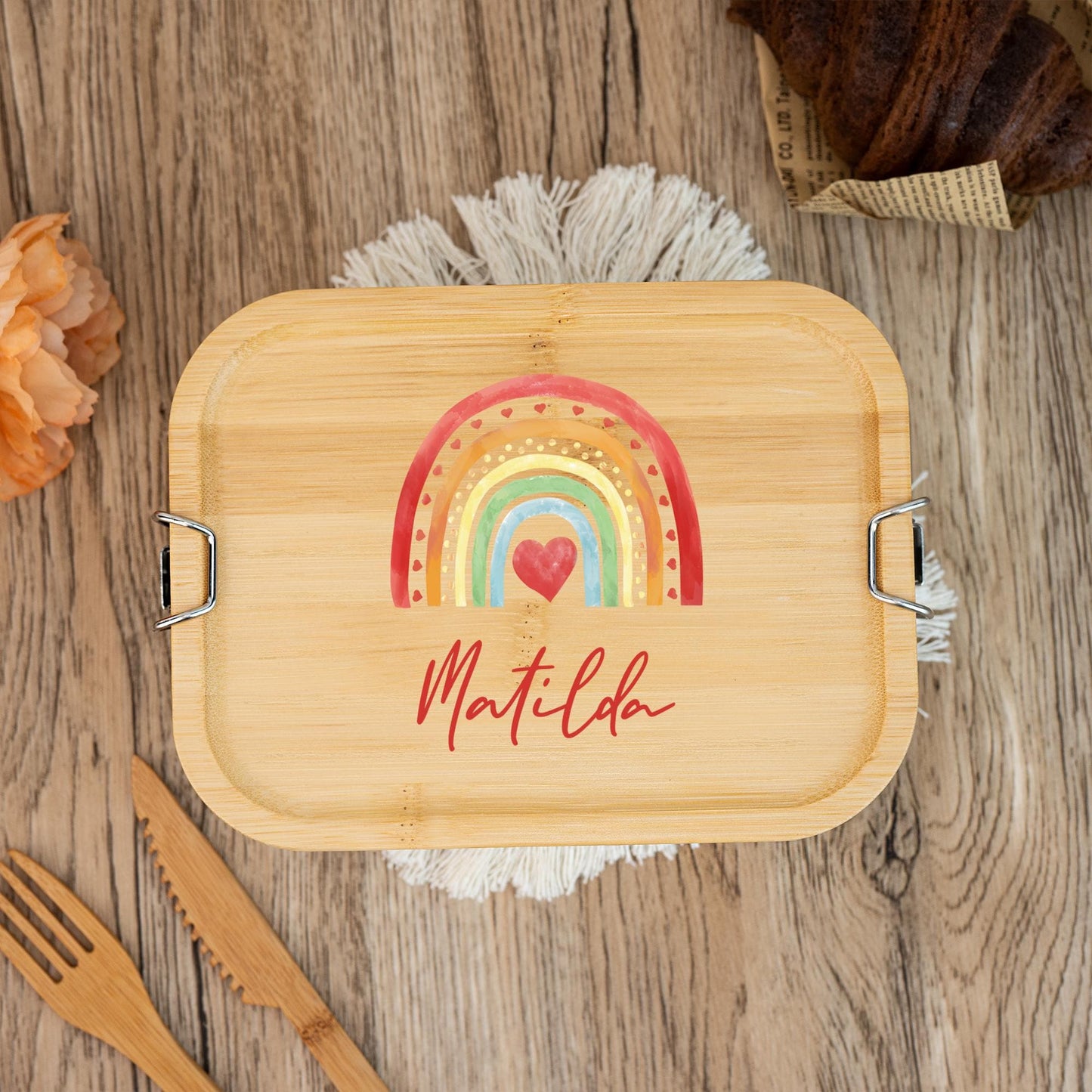 Personalized Wooden Lunch Box, Custom Rainbow Lunch Box for Kids, Stainless Steel Lunch Box, Back-to-School Gift, Kids' Birthday Gift