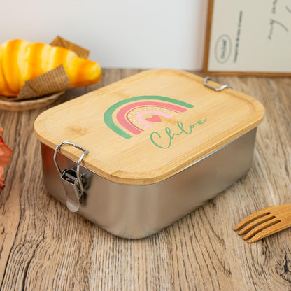 Personalized Wooden Lunch Box, Custom Rainbow Lunch Box for Kids, Stainless Steel Lunch Box, Back-to-School Gift, Kids' Birthday Gift