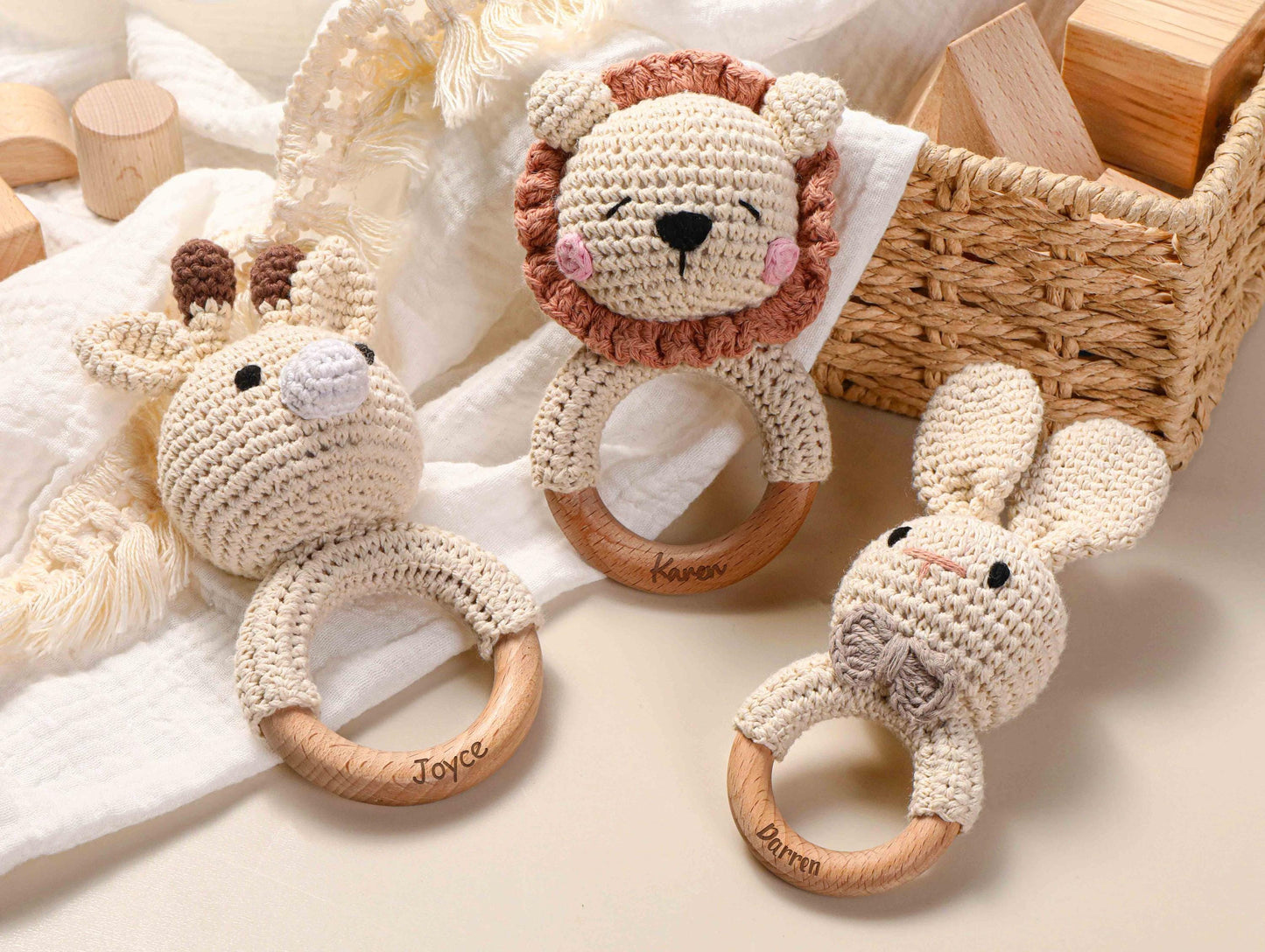 Personalized Baby Rattle, Name Engraving Rattle, Wooden Animal Rattle, Custom Crochet Rattle With Name, Baby Shower Gift, Newborn Gift