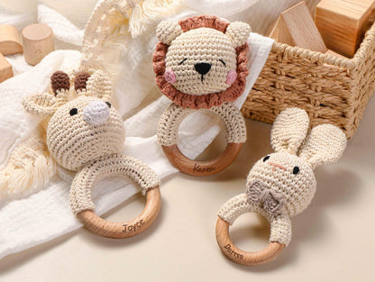 Personalized Baby Rattle, Name Engraving Rattle, Wooden Animal Rattle, Custom Crochet Rattle With Name, Baby Shower Gift, Newborn Gift