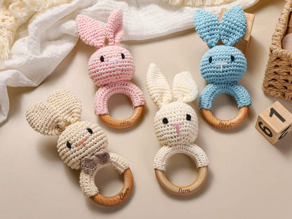 Custom Crochet Rattle,Personalized baby Rattle With Name,Engraved Wooden Animal Crochet Rattle,Handmade Rattle, Baby Shower & Newborn Gift