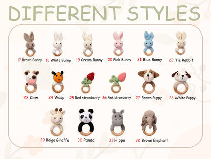 Personalized Baby Rattle, Name Engraving Rattle, Wooden Animal Rattle, Custom Crochet Rattle With Name, Baby Shower Gift, Newborn Gift