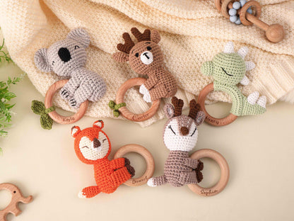 Custom Engraved Wooden Crochet Rattle,Personalized Animal baby Rattle With Name, Handmade Crochet baby Rattle, Baby Shower & Newborn Gift