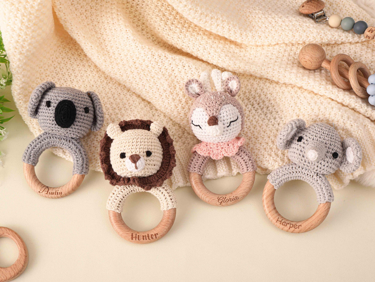 Personalized Animal Crochet Baby Rattle, Engraved Wooden baby Rattle With Name, Handmade Crochet baby Rattle, Newborn Gift