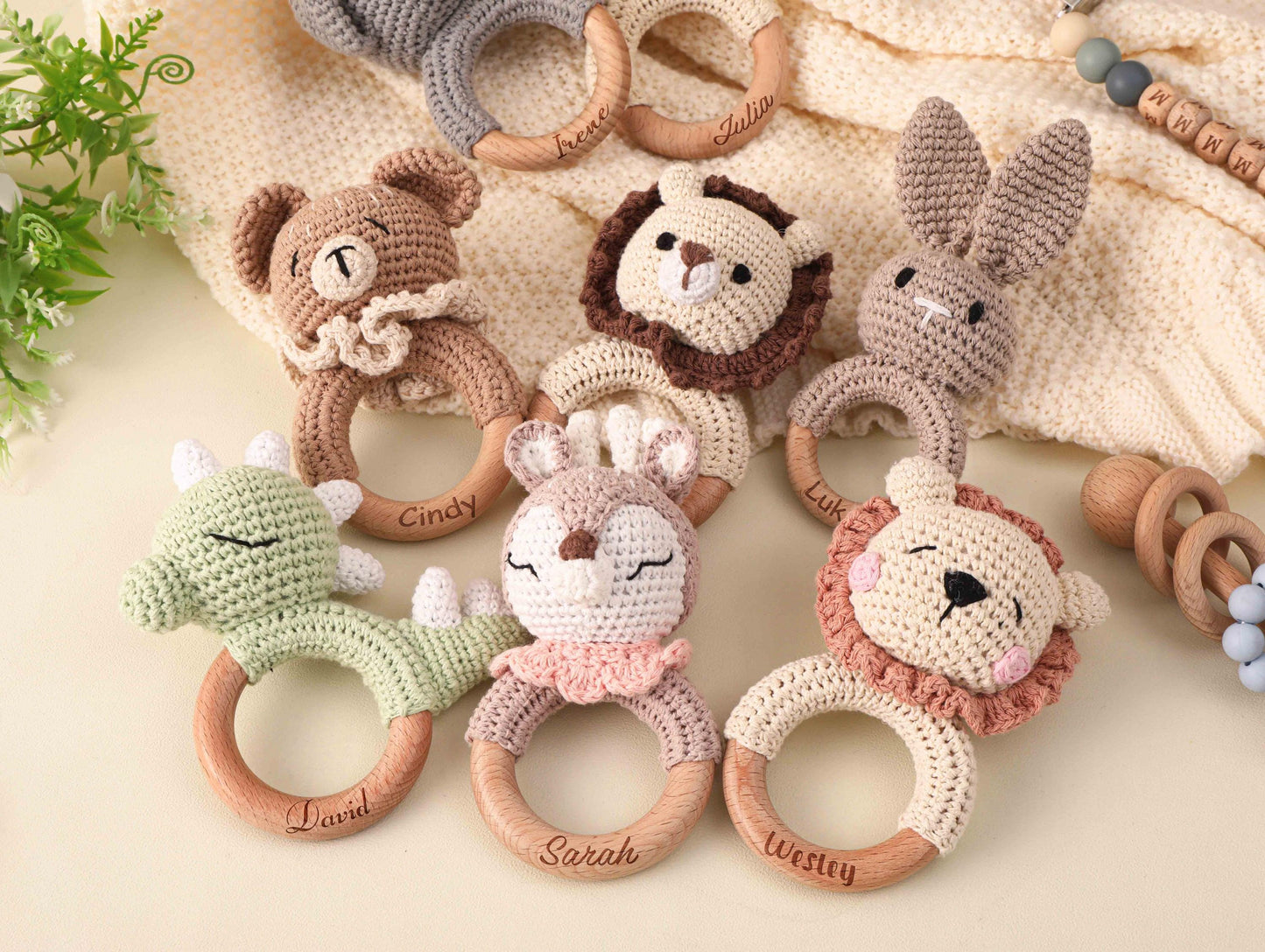 Personalized Animal Crochet Baby Rattle, Engraved Wooden baby Rattle With Name, Handmade Crochet baby Rattle, Newborn Gift