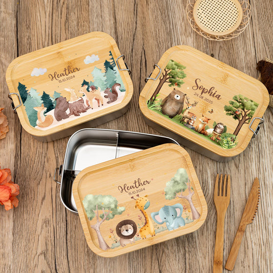 Personalized Stainless Steel Lunch Box with Name, Lunch Box for Boy and Girl, Wooden Lid Snack Box, Back to School Gift, Child Birthday Gift