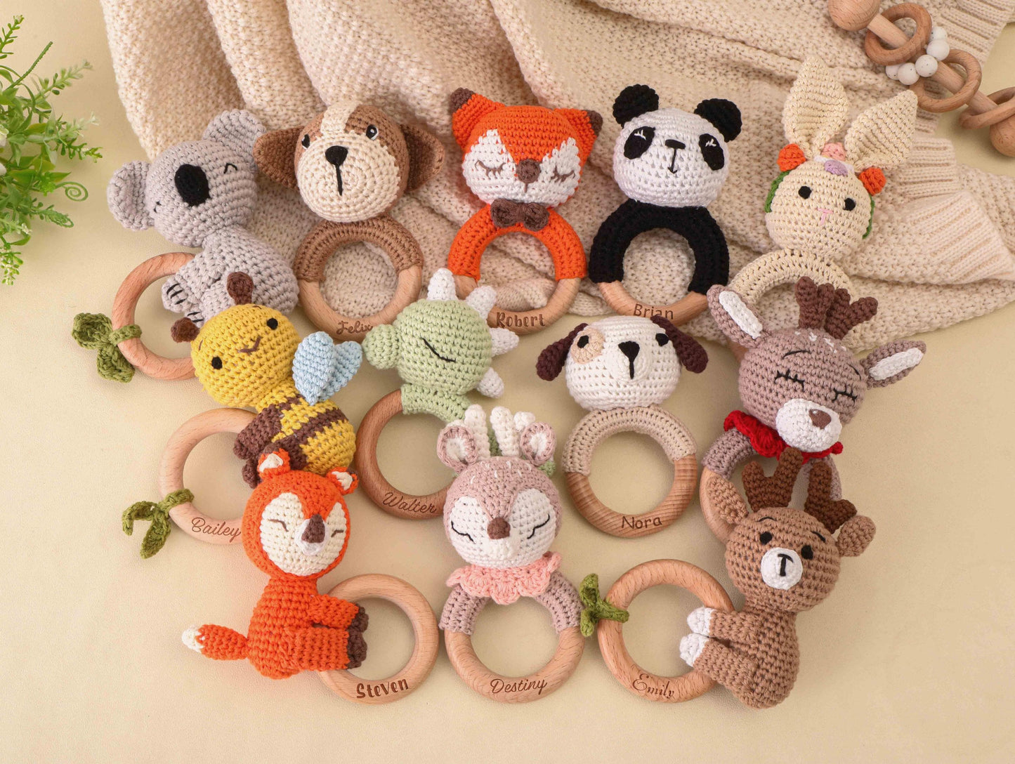 Custom Engraved Wooden Crochet Rattle,Personalized Animal baby Rattle With Name, Handmade Crochet baby Rattle, Baby Shower & Newborn Gift