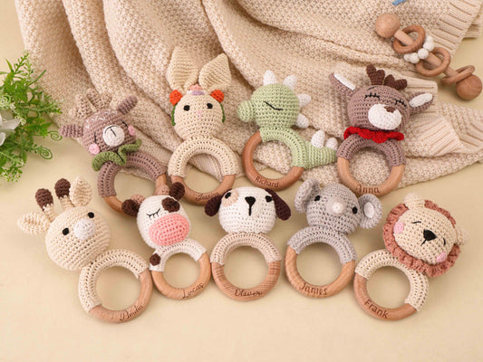 Personalized Animal Crochet Baby Rattle, Engraved Wooden baby Rattle With Name, Handmade Crochet baby Rattle, Newborn Gift