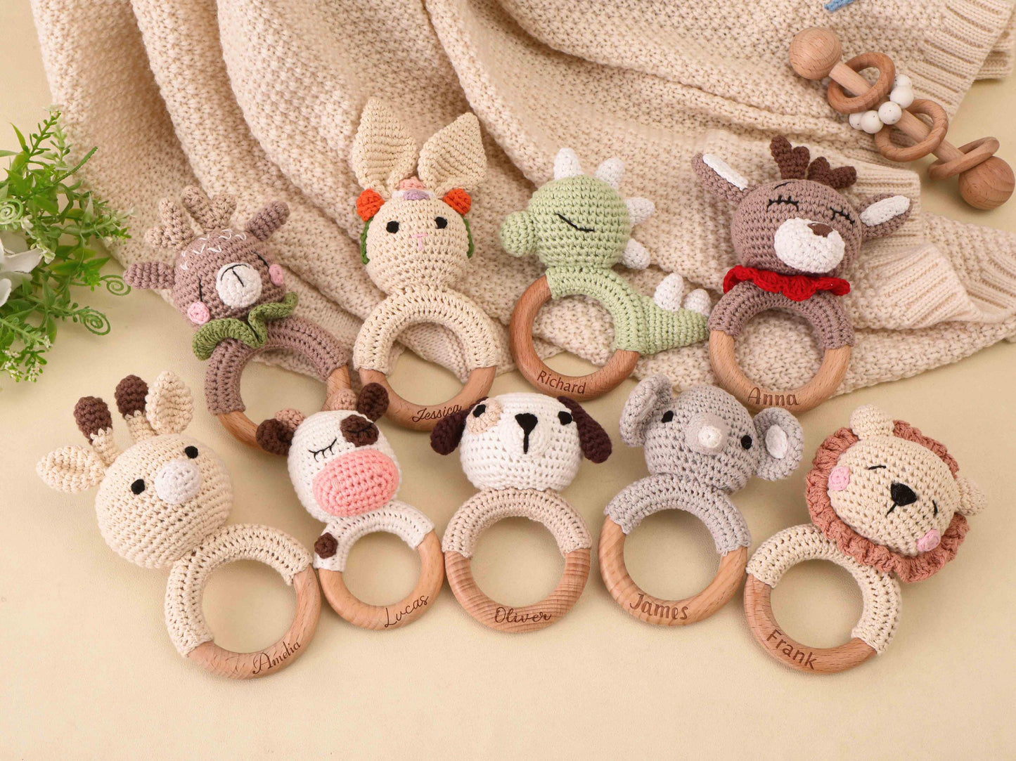 Personalized Animal Crochet Rattle, Handmade Crochet baby Rattle,Custom Engraved Wooden baby Rattle With Name, Baby Shower & Newborn Gift