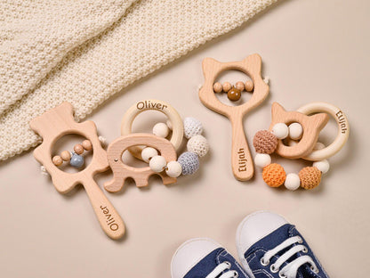 Personalized Wooden Animal Rattle, Crochet Beads, Baby Shower Gift
