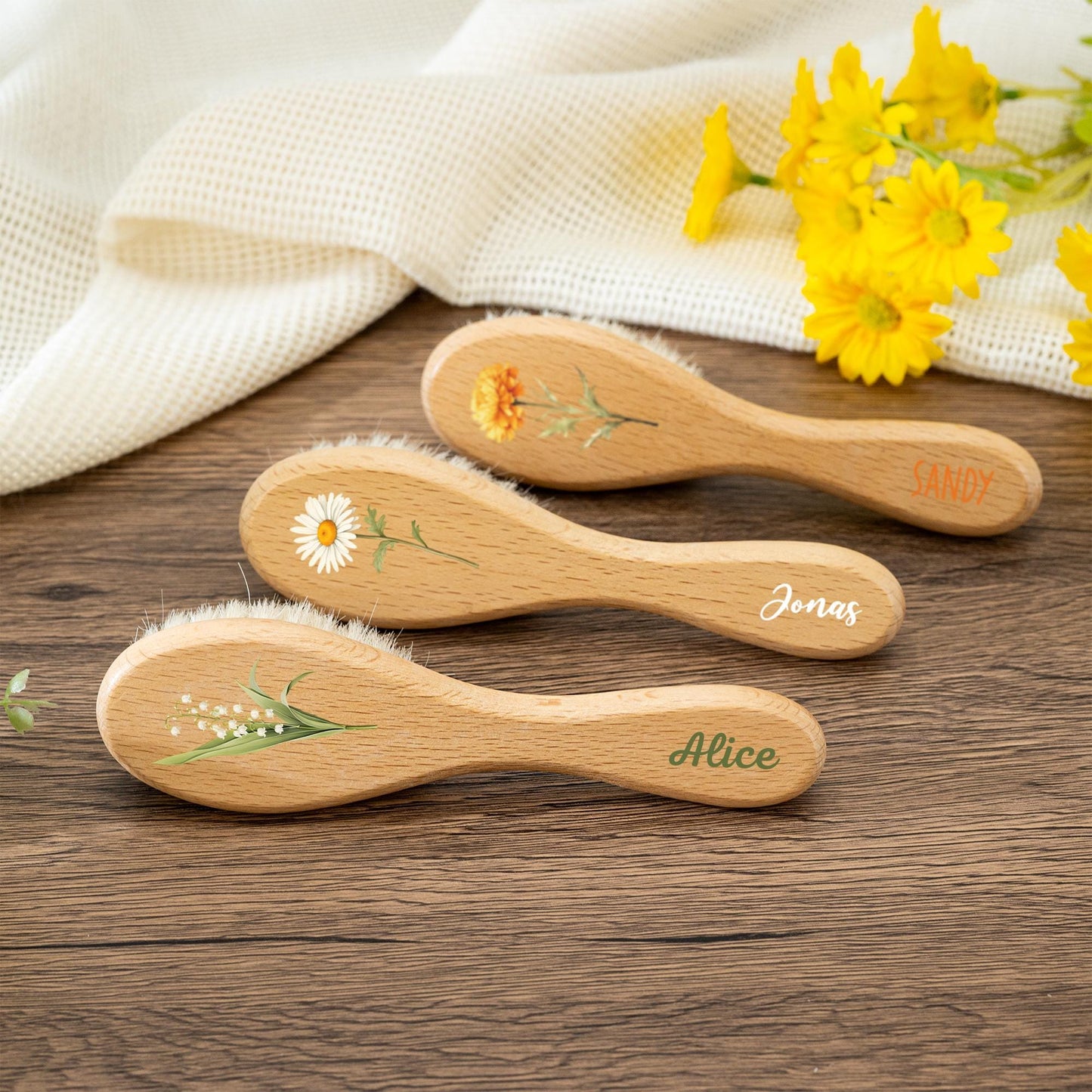 Personalized Baby Hair Brush Comb Set: Engraved Beech Wood, Birth Flower