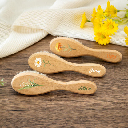 Personalized Baby Hair Brush Comb Set: Engraved Beech Wood, Birth Flower