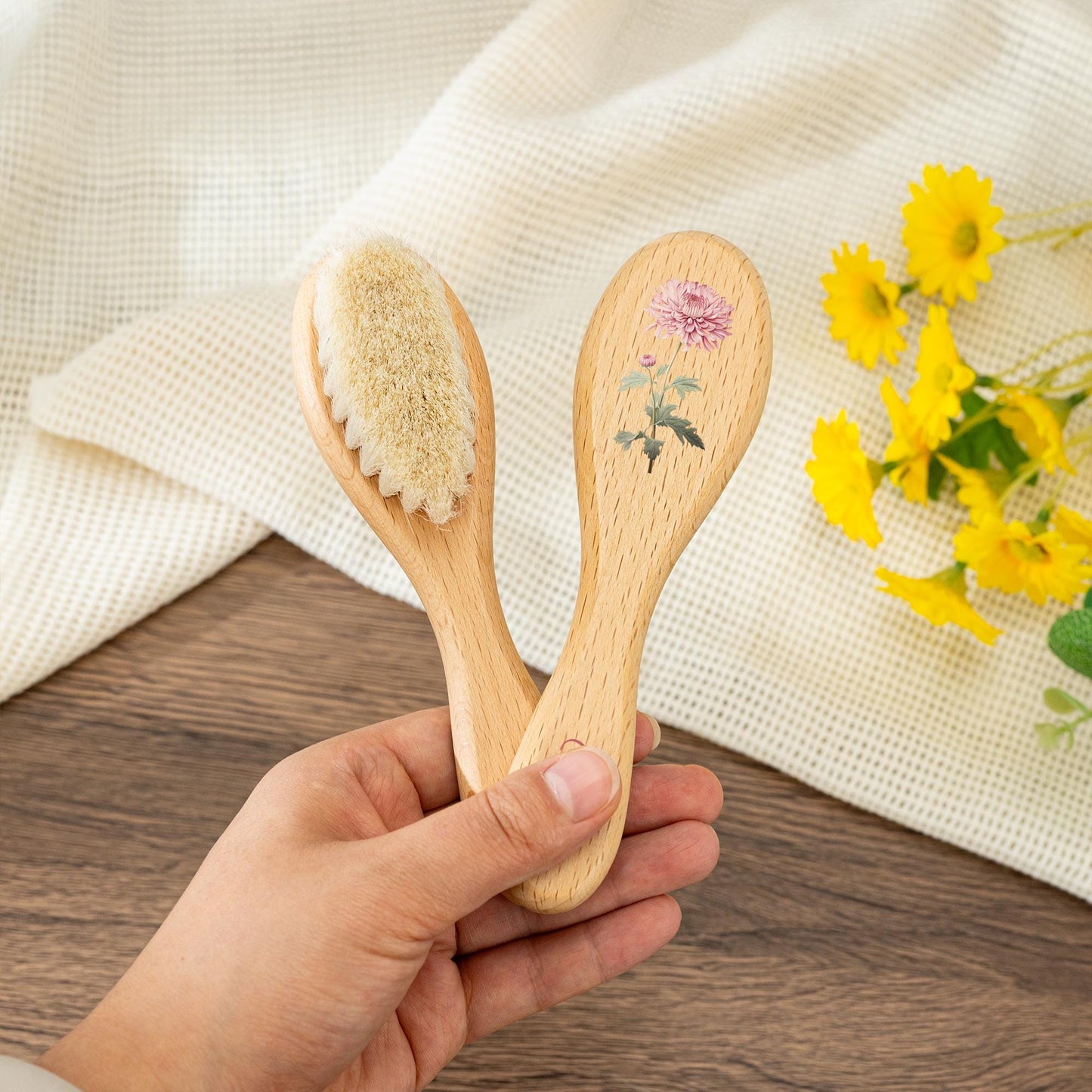 Personalized Baby Hair Brush Comb Set: Engraved Beech Wood, Birth Flower