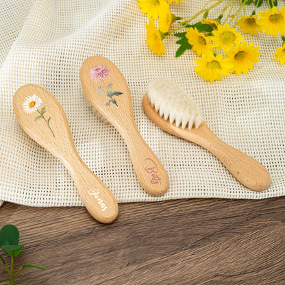 Personalized Baby Hair Brush Comb Set: Engraved Beech Wood, Birth Flower