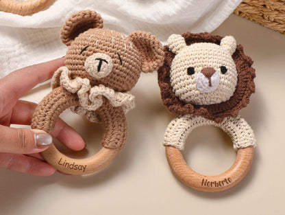Personalized Baby Rattle, Name Engraving Rattle, Wooden Animal Rattle, Custom Crochet Rattle With Name, Baby Shower Gift, Newborn Gift