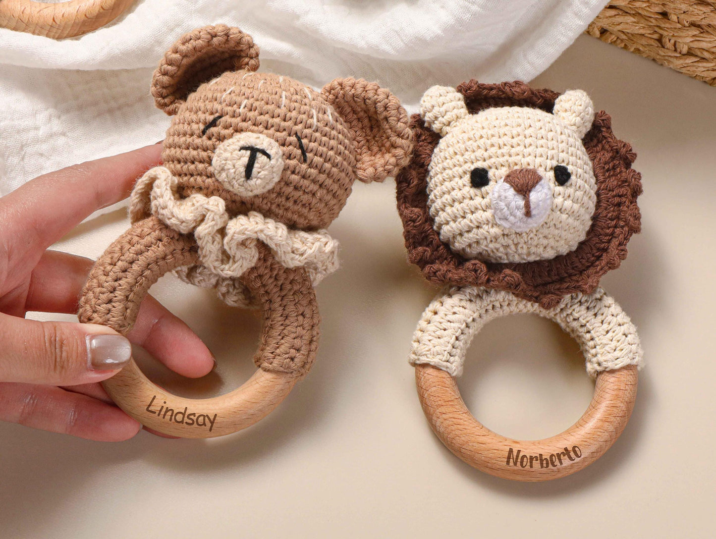 Custom Crochet Rattle,Personalized baby Rattle With Name,Engraved Wooden Animal Crochet Rattle,Handmade Rattle, Baby Shower & Newborn Gift