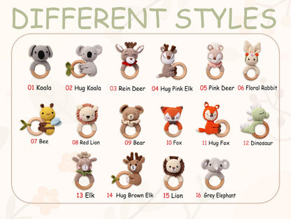 Personalized Crochet Animal Baby Rattle, Wooden Grasping Toy, Laser Engraved Rattle