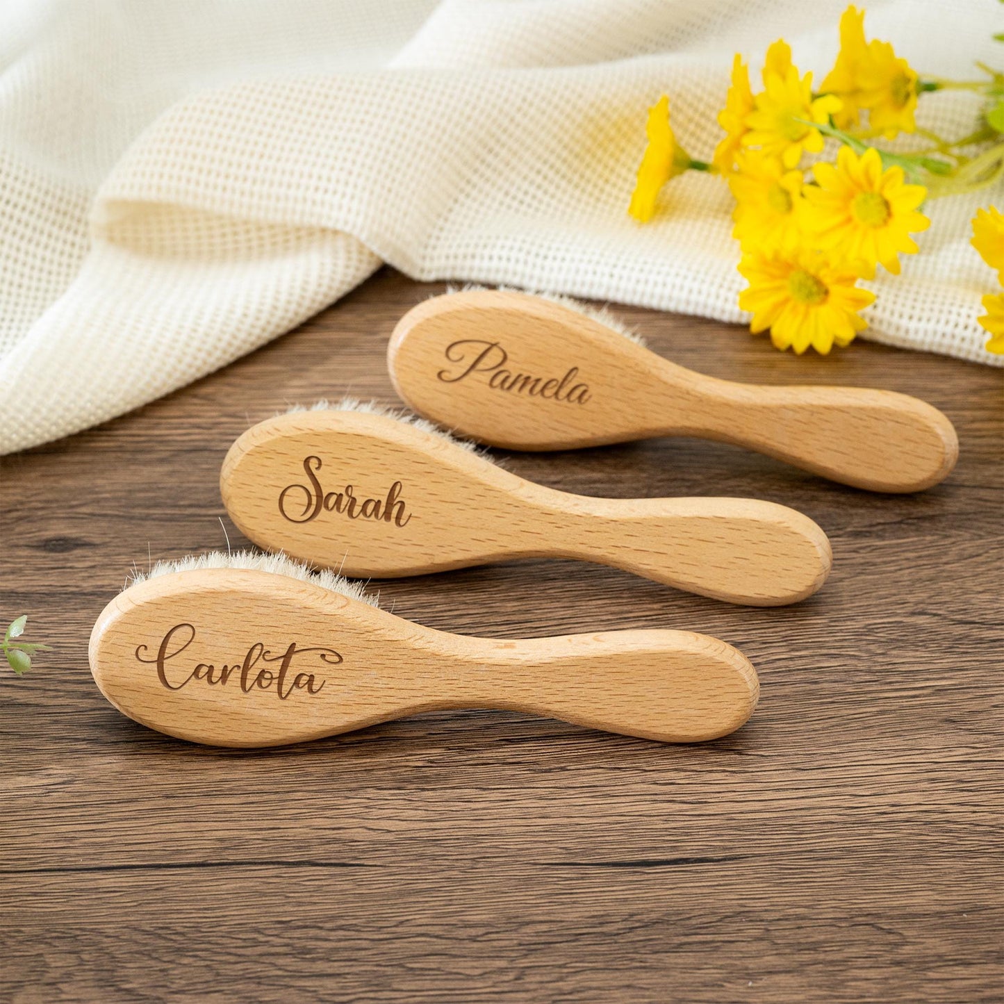Baby Name Brush with Cute Animal,Personalized Wooden Baby Hairbrush