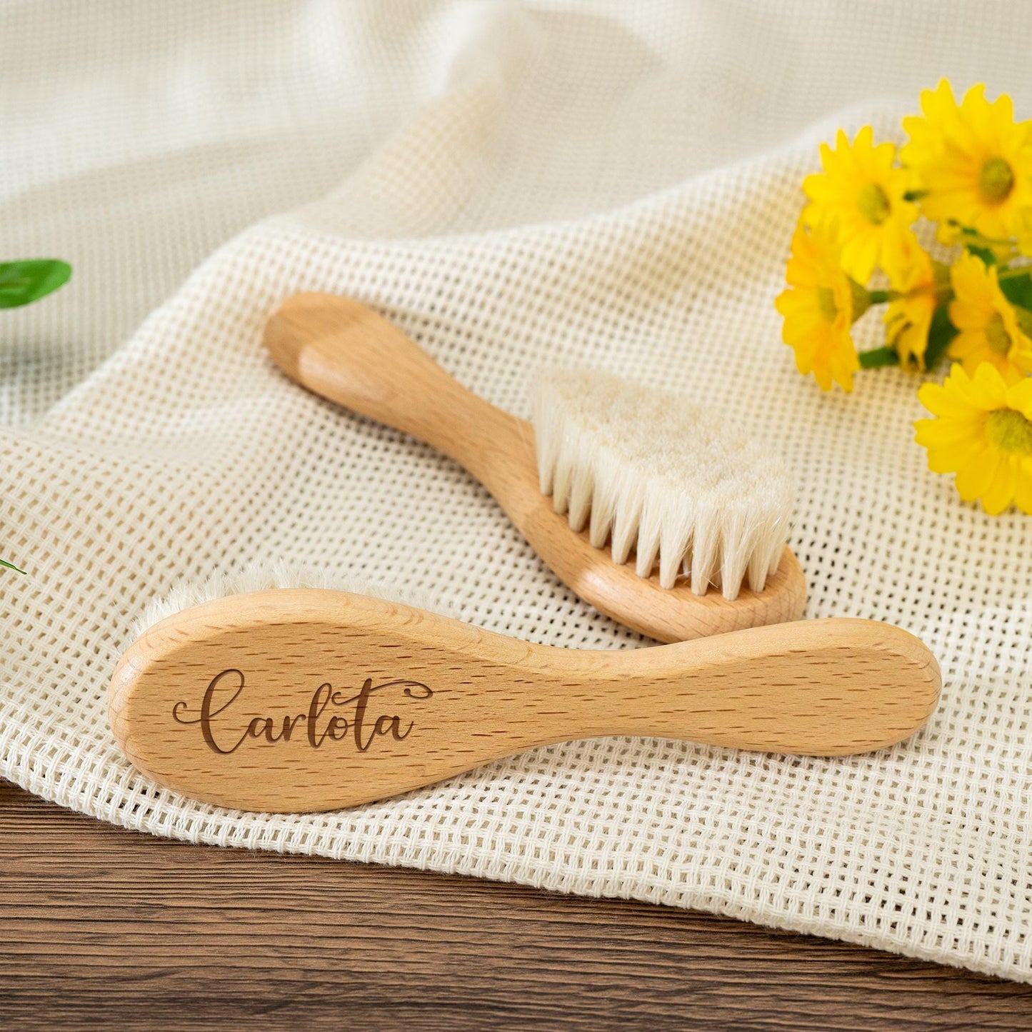 Baby Name Brush with Cute Animal,Personalized Wooden Baby Hairbrush