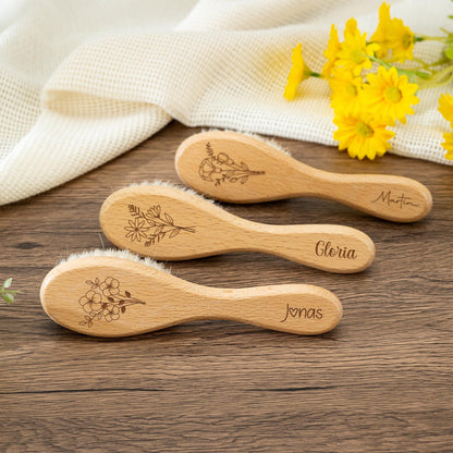 Personalized Floral Baby Hairbrush: Beech Wood & Wool Bristles