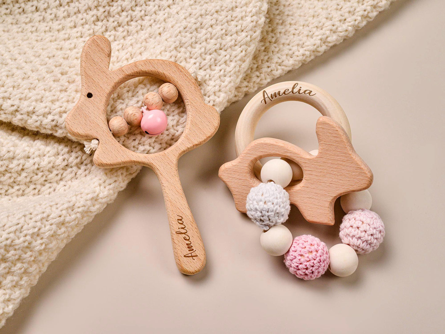Personalized Wooden Animal Rattle, Crochet Beads, Baby Shower Gift