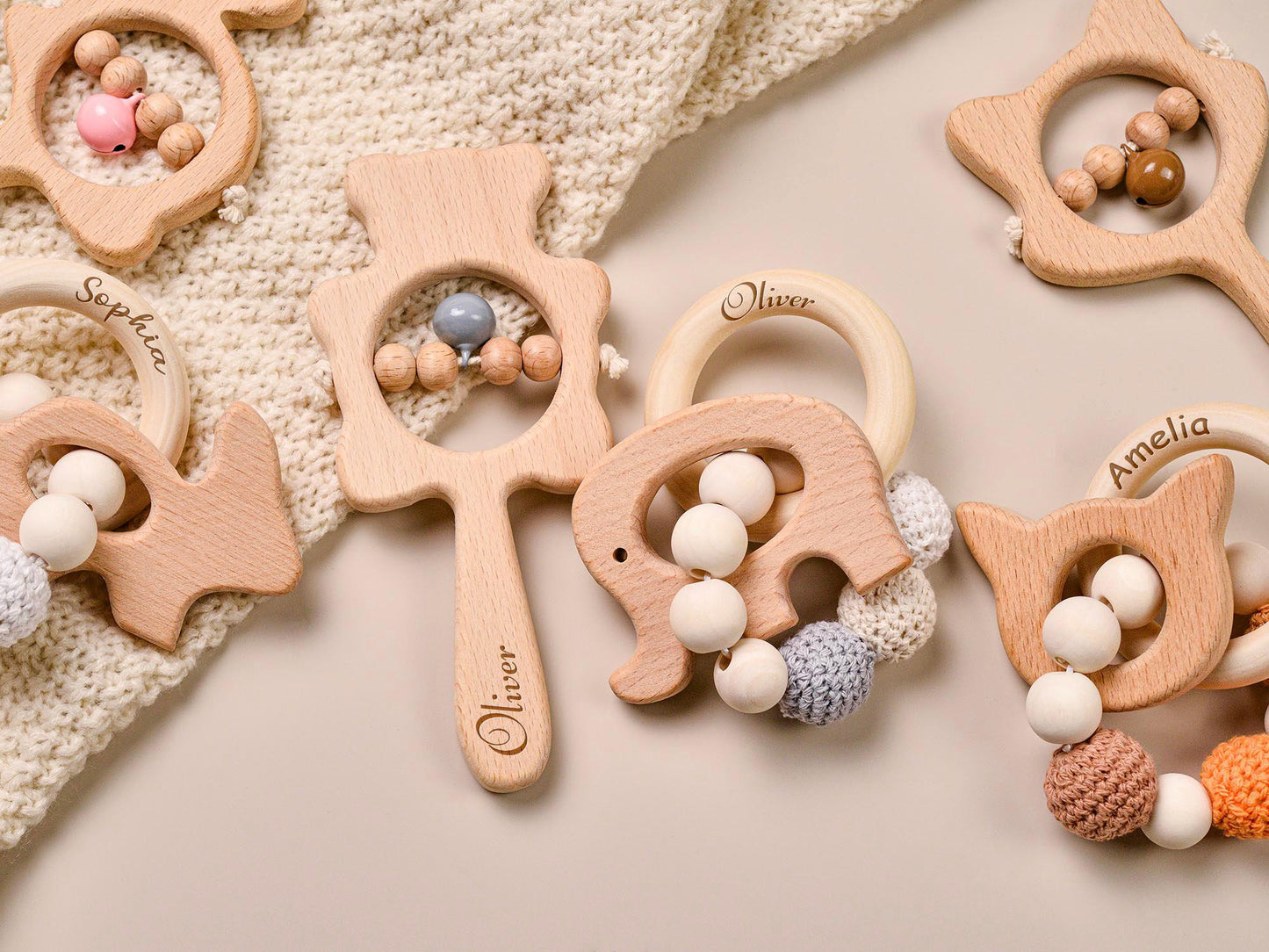 Personalized Wooden Animal Rattle, Crochet Beads, Baby Shower Gift