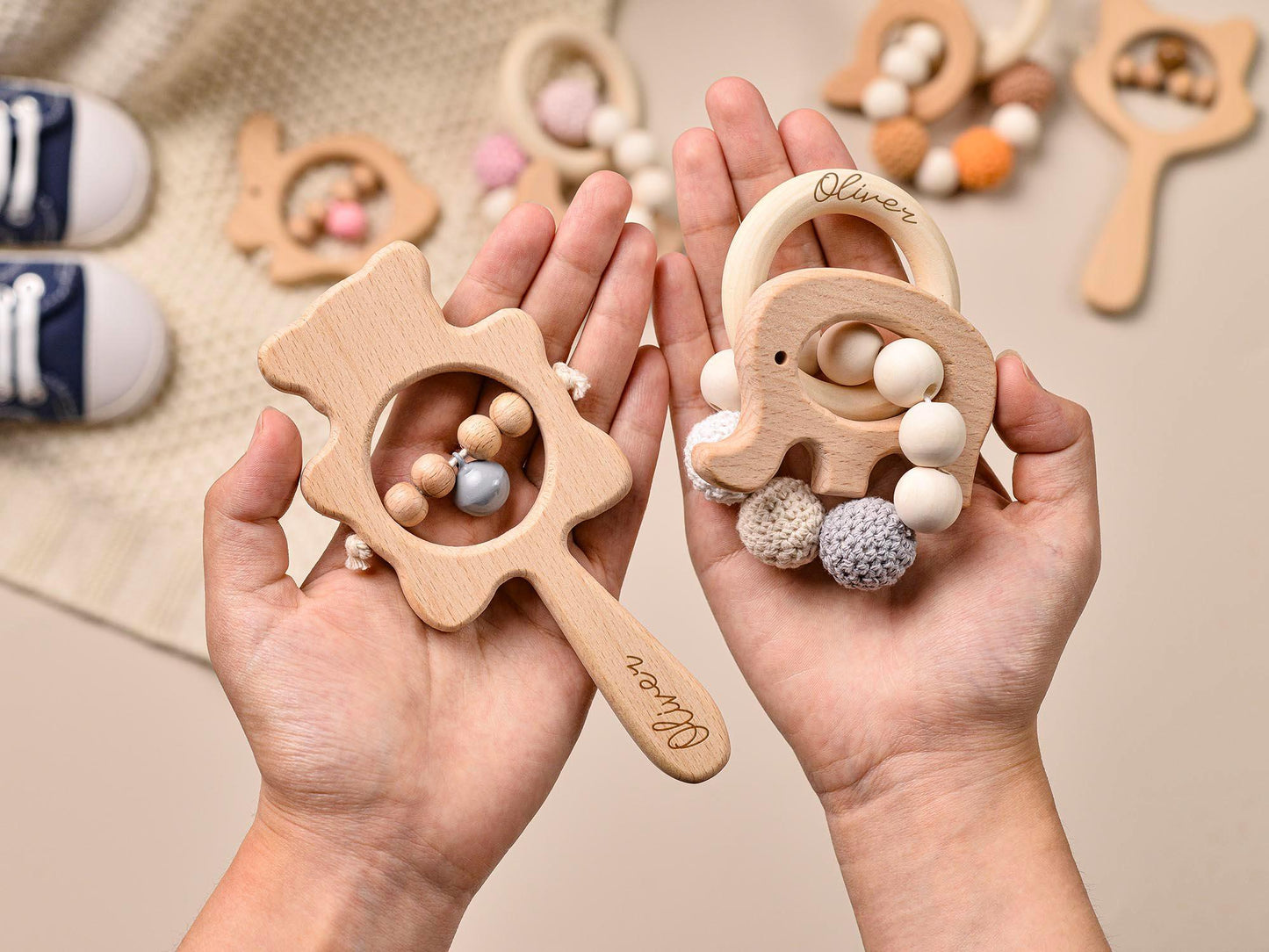 Personalized Wooden Animal Rattle, Crochet Beads, Baby Shower Gift