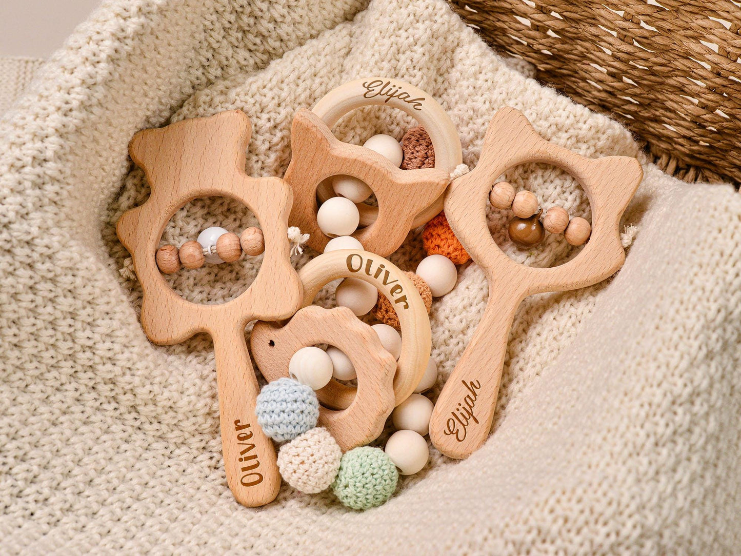 Personalized Wooden Baby Rattle, Crochet Animal Ring, Engraved Name Rattle, Newborn Gift
