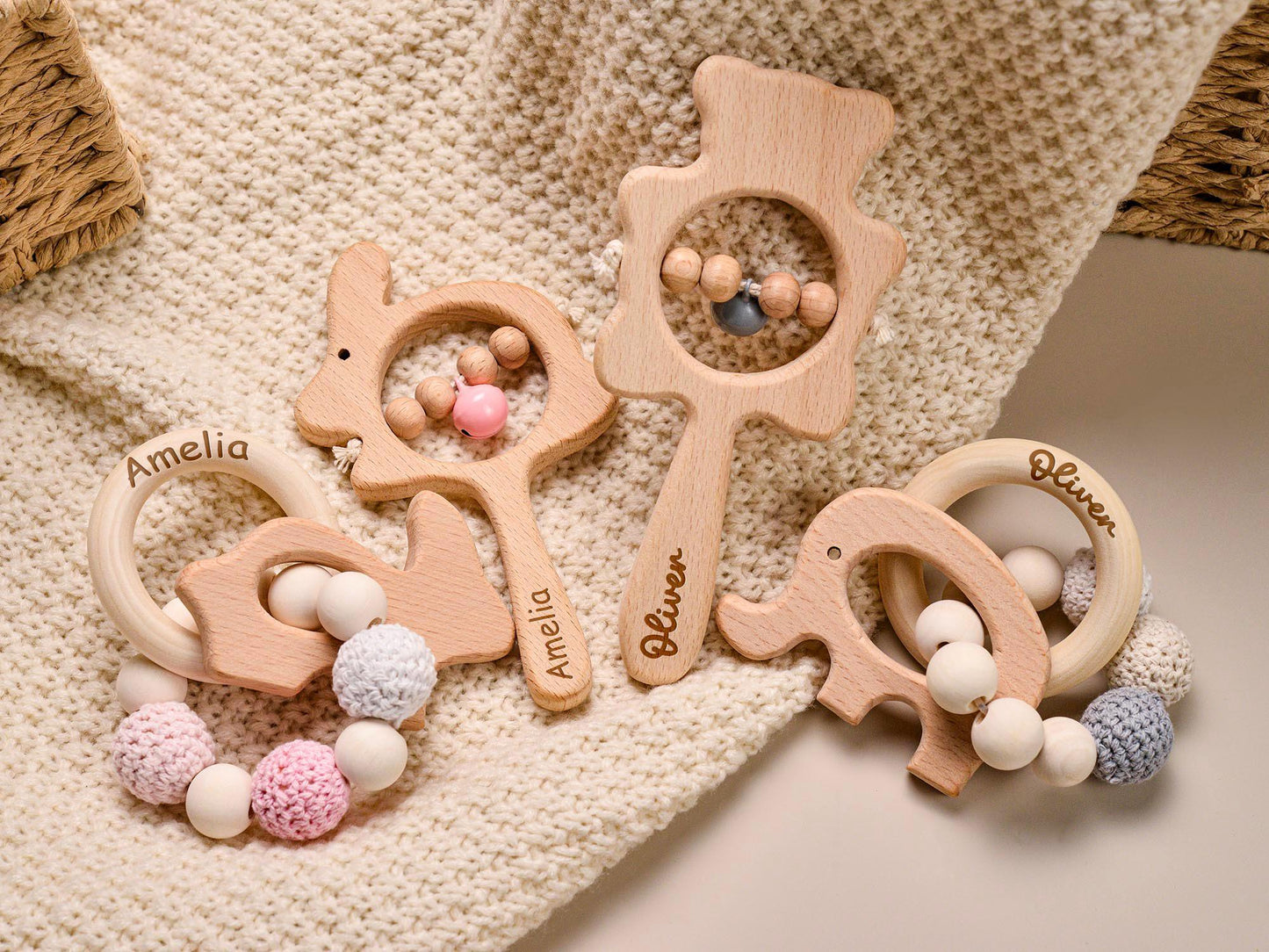 Personalized Wooden Baby Rattle, Crochet Animal Ring, Engraved Name Rattle, Newborn Gift