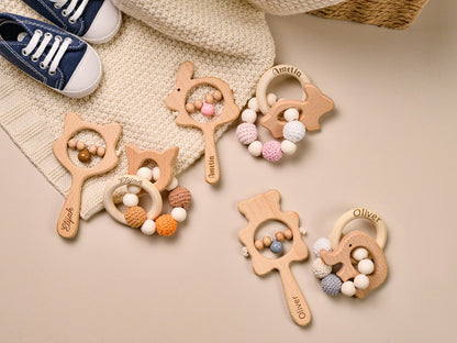 Personalized Wooden Animal Rattle, Crochet Beads, Baby Shower Gift