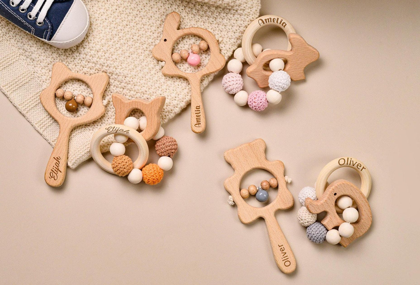 Personalized Wooden Baby Rattle, Crochet Animal Ring, Engraved Name Rattle, Newborn Gift