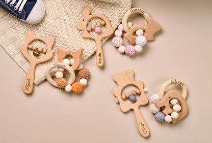 Personalized Wooden Baby Rattle, Crochet Animal Ring, Engraved Name Rattle, Newborn Gift