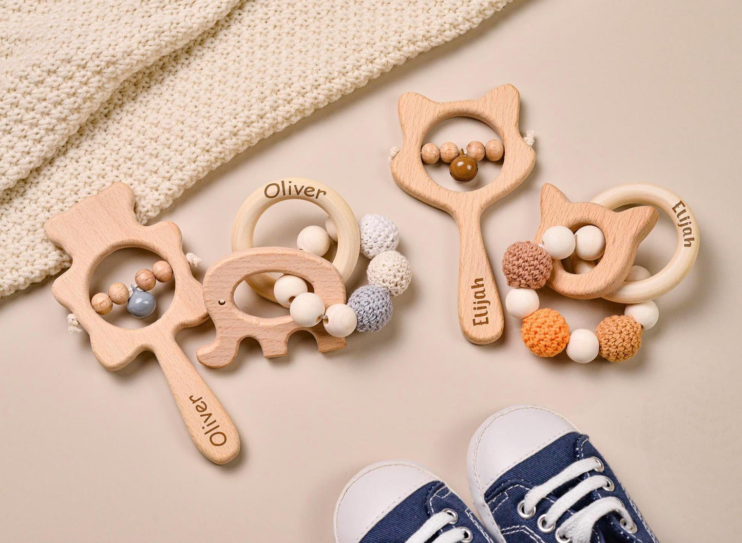 Personalized Wooden Baby Rattle, Crochet Animal Ring, Engraved Name Rattle, Newborn Gift