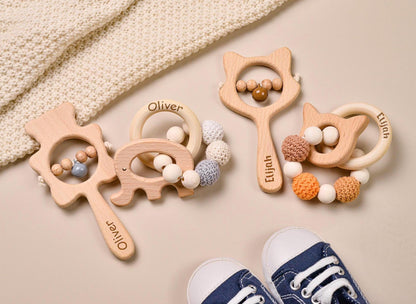 Personalized Wooden Baby Rattle, Crochet Animal Ring, Engraved Name Rattle, Newborn Gift