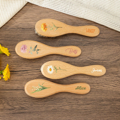 Personalized Baby Hair Brush Comb Set: Engraved Beech Wood, Birth Flower